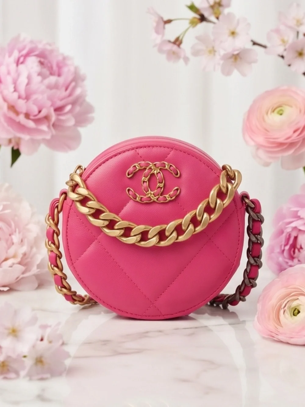 CHANEL Hot Pink Quilted Round Mini Crossbody with Gold Chain - Picture 2 of 16